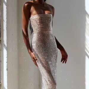 Amaya Embellished Bandeau Maxi Dress in Almond